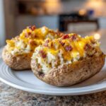 Two cheesy twice baked potatoes topped with melted cheddar and bacon bits served on a white plate.