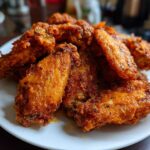 A close-up of a pile of golden-brown, seasoned crispy air fryer chicken wings served on a white plate.