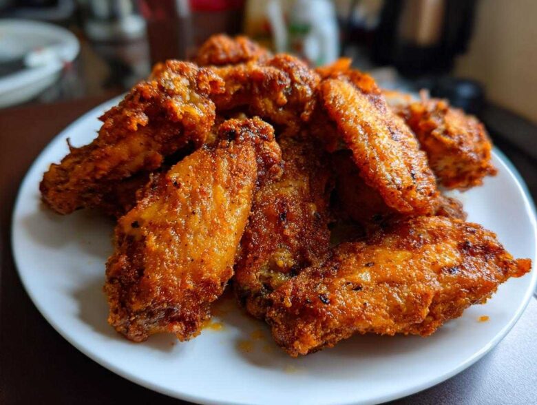 A close-up of a pile of golden-brown, seasoned crispy air fryer chicken wings served on a white plate.