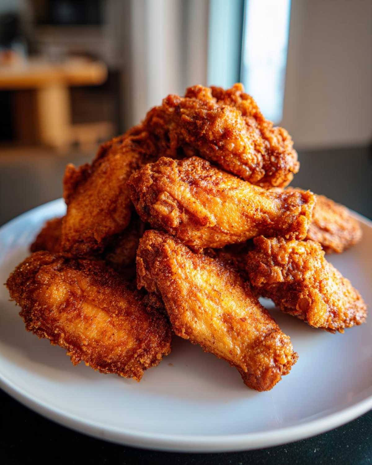 A close-up of a tall pile of golden brown, crispy air fryer chicken wings stacked on a white plate.
