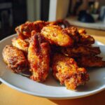A close-up pile of golden brown, seasoned crispy air fryer chicken wings on a white plate.