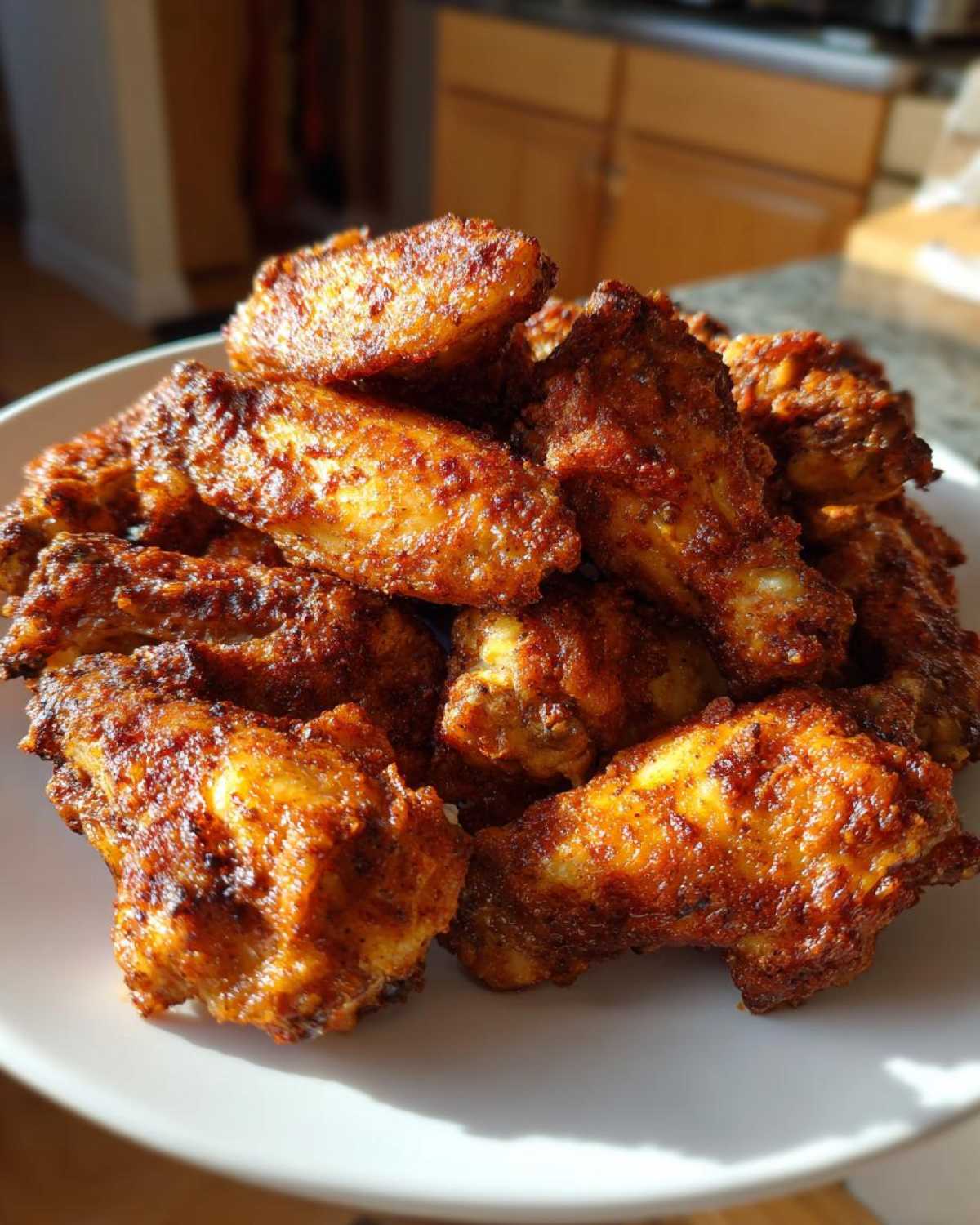 A close-up shot of a mound of perfectly cooked, crispy air fryer chicken wings seasoned with spices.