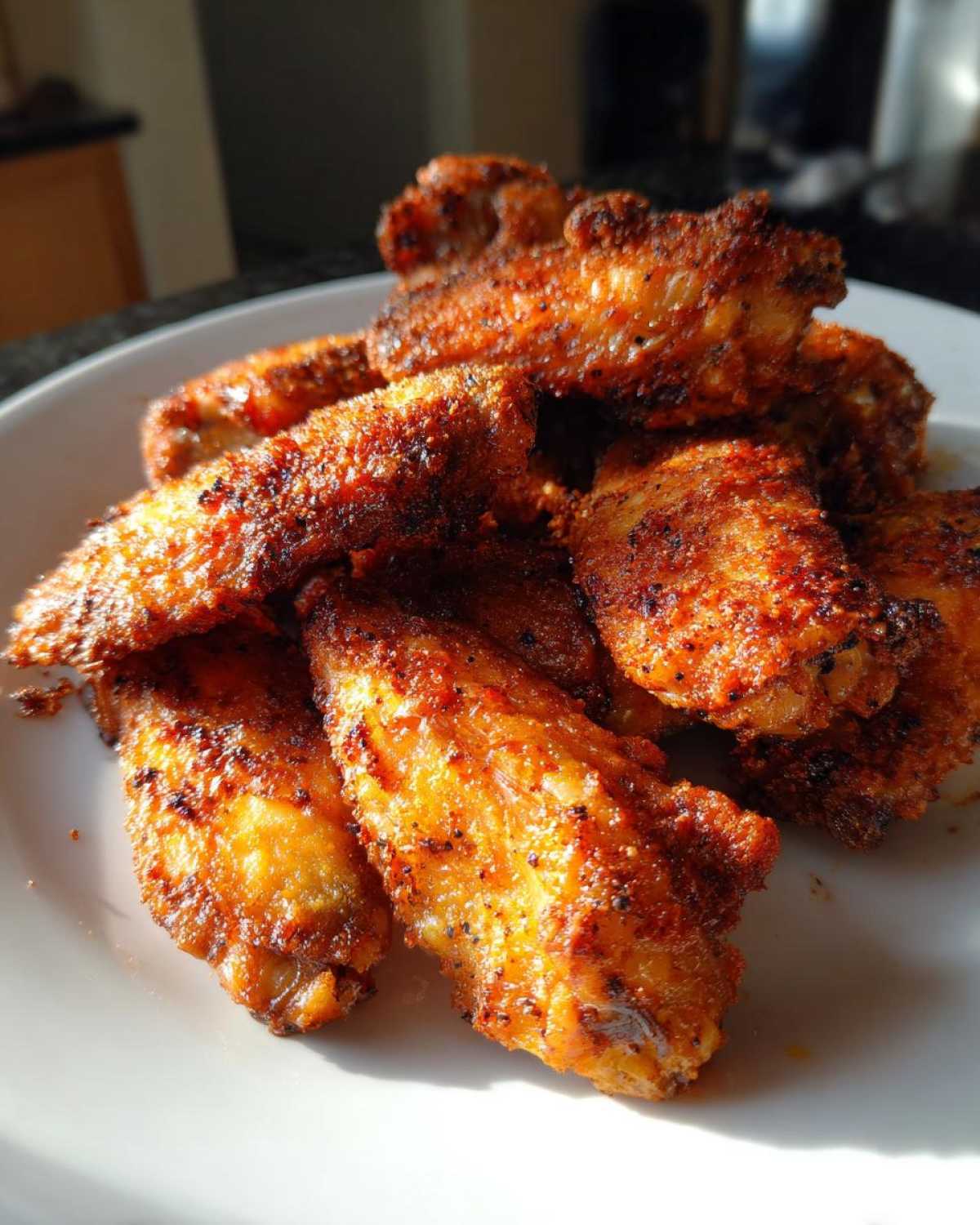A pile of golden brown, seasoned crispy air fryer chicken wings served on a white plate under bright sunlight.