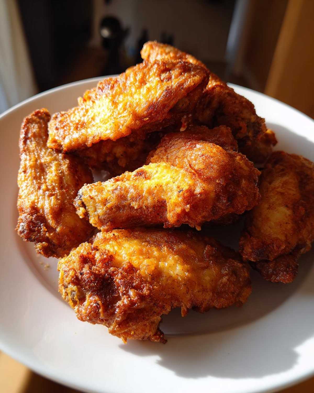 A close-up of several golden brown, crispy air fryer chicken wings piled high on a white plate.