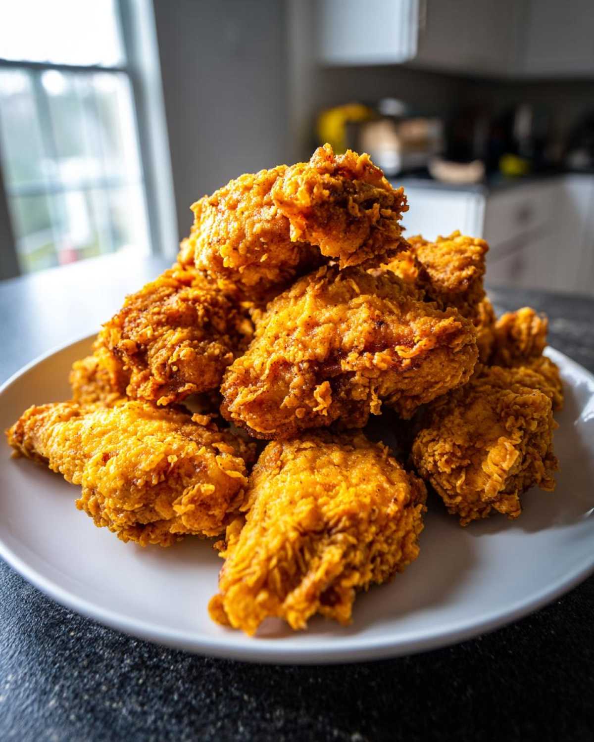 A tall pile of golden, crispy air fryer fried chicken pieces stacked high on a white plate.
