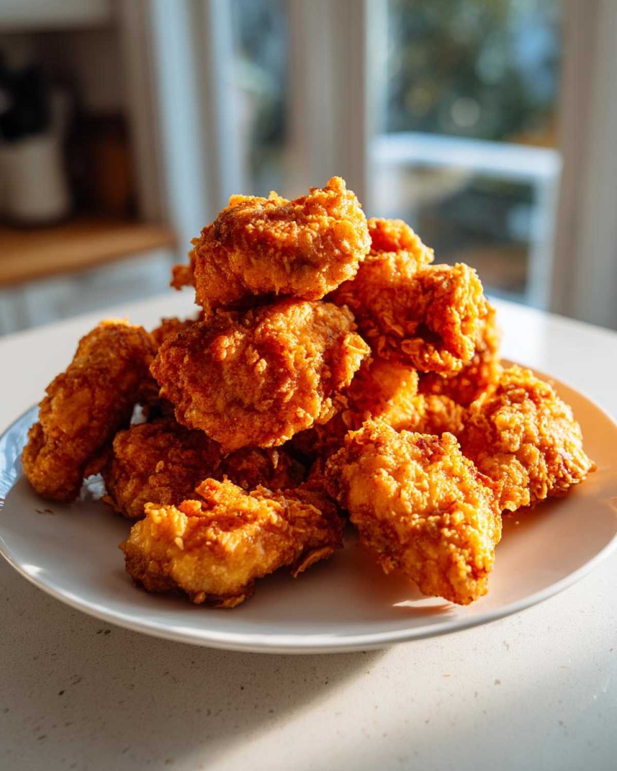 A pile of golden brown, crispy air fryer fried chicken pieces stacked high on a white plate.