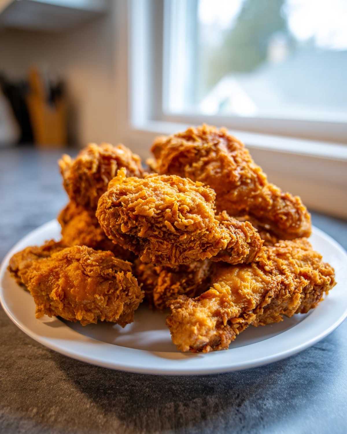 A pile of golden brown, crispy air fryer fried chicken pieces stacked high on a white plate.