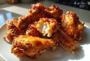 A plate piled high with glistening, golden-brown crispy baked chicken wings, one wing broken open showing juicy white meat.