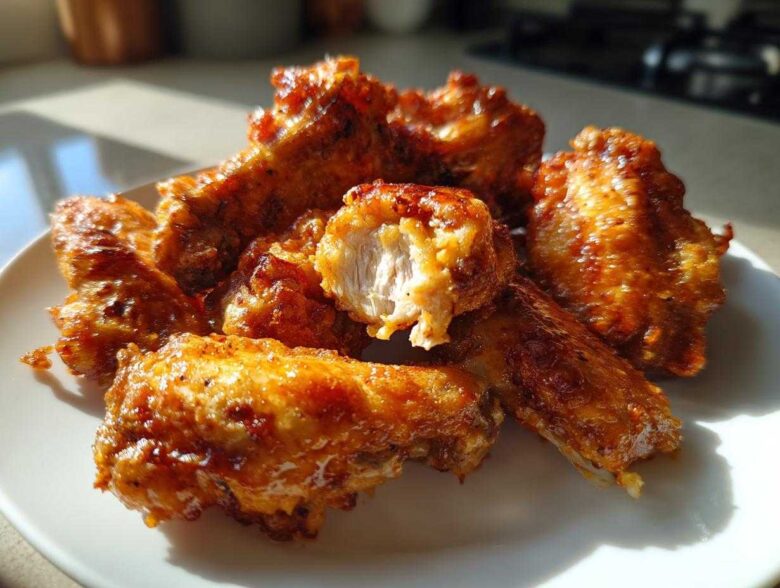 A plate piled high with glistening, golden-brown crispy baked chicken wings, one wing broken open showing juicy white meat.