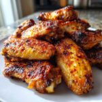 A close-up pile of golden brown, perfectly seasoned crispy baked chicken wings on a white plate.