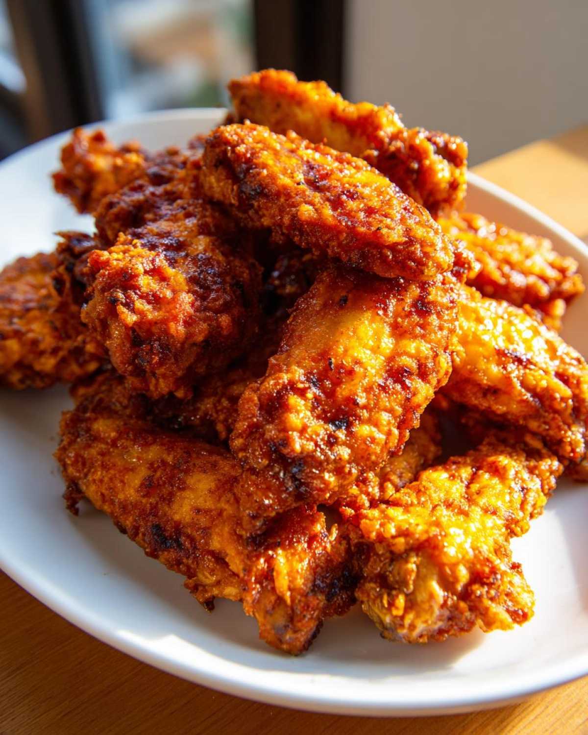 A close-up of a mound of golden brown, crispy baked chicken wings piled high on a white plate.
