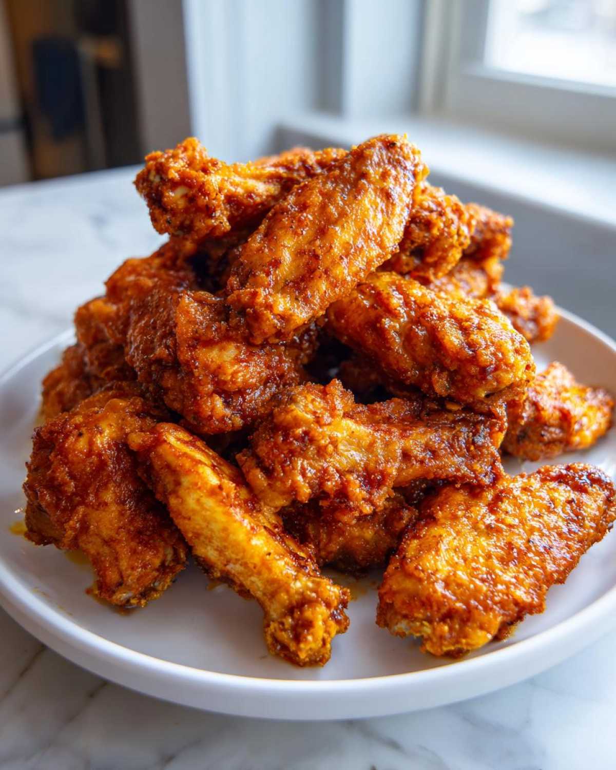 A generous pile of golden brown, saucy crispy baked chicken wings stacked high on a white plate.