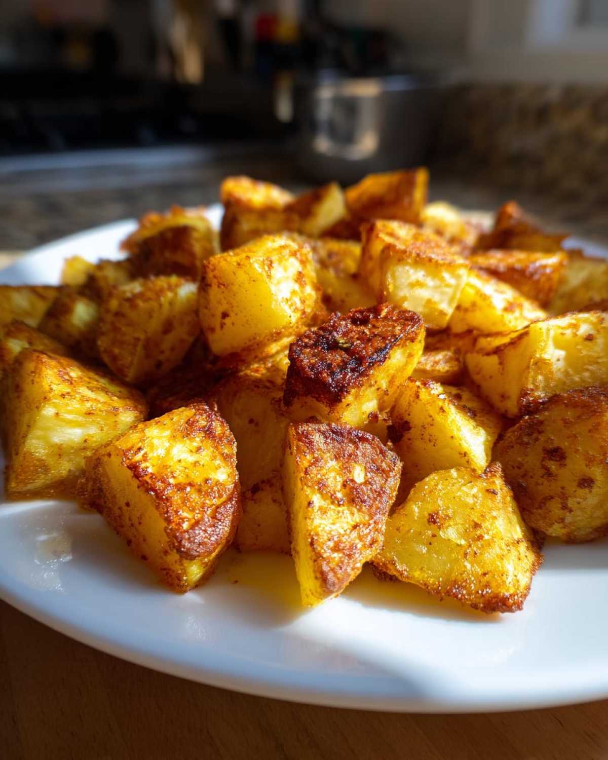 Close-up of golden brown, crispy seasoned breakfast potatoes piled high on a white plate.