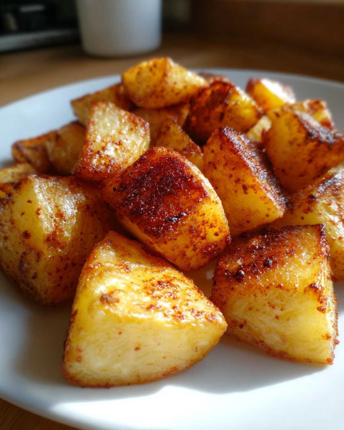 Close-up of perfectly crispy, golden-brown seasoned breakfast potatoes piled on a white plate.
