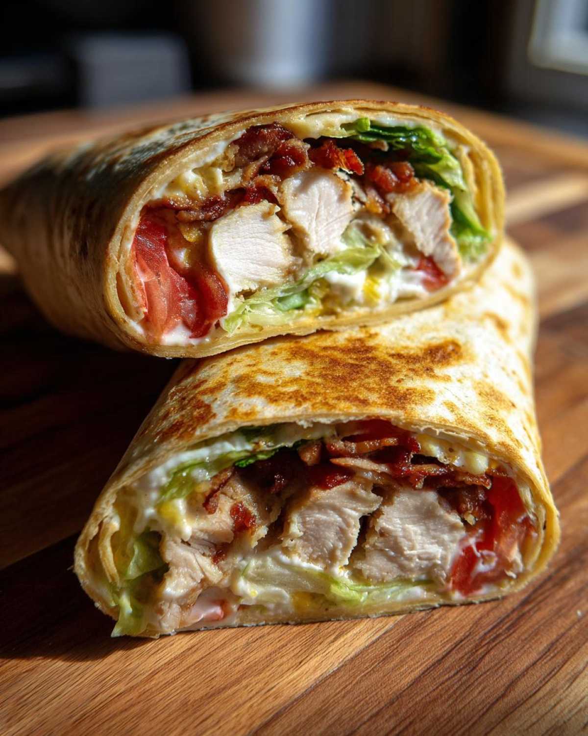Close-up of a chicken bacon ranch wrap cut in half, showing layers of chicken, bacon, lettuce, and ranch dressing.