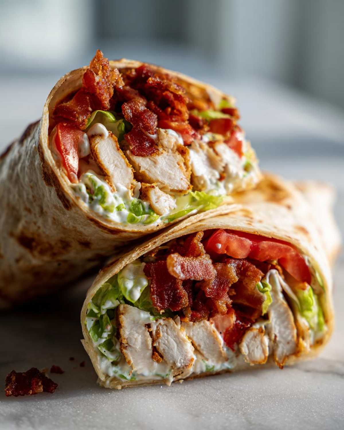 Close-up cross-section of a chicken bacon ranch wrap showing sliced chicken, crispy bacon, lettuce, and ranch dressing.