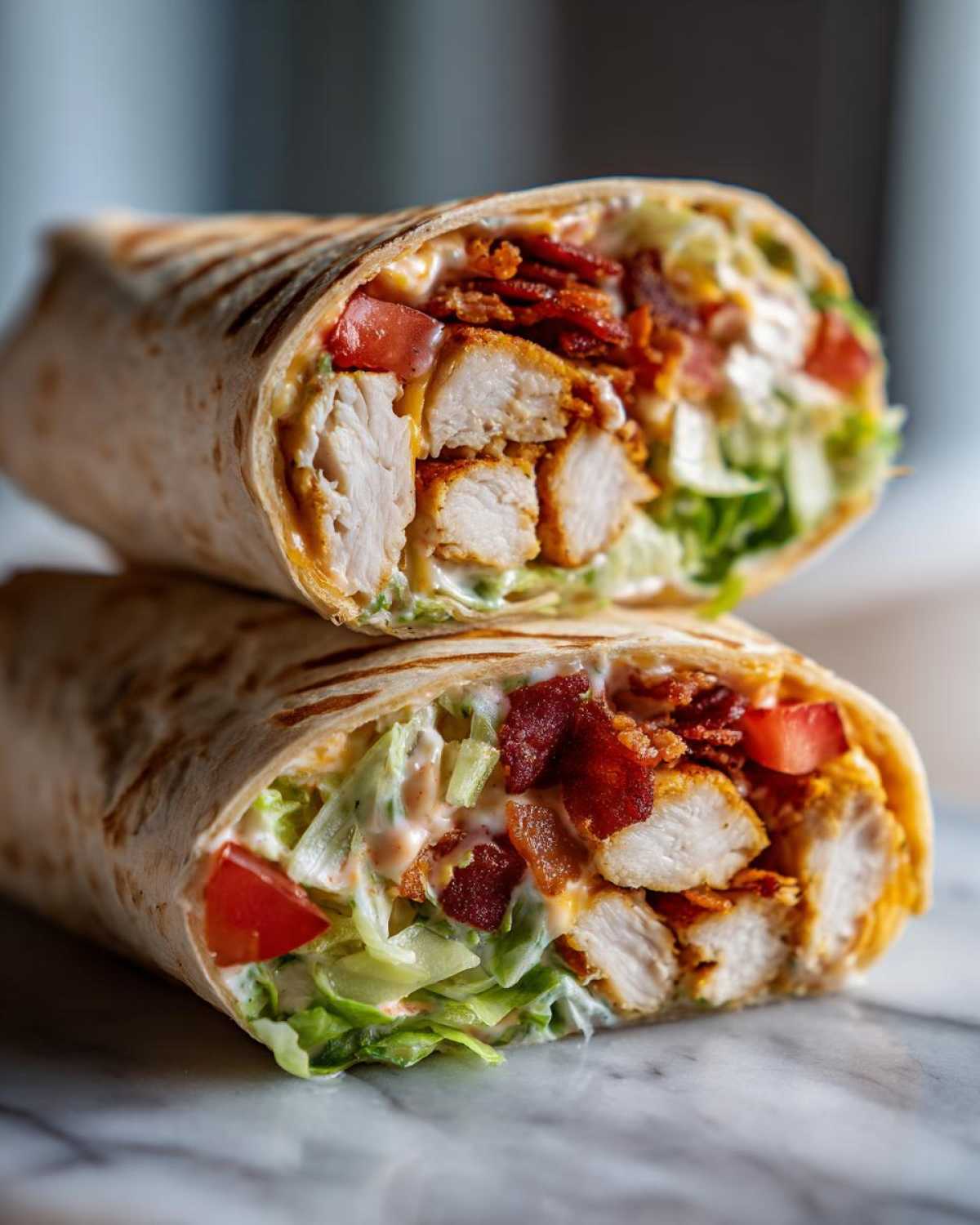 Close-up of a sliced chicken bacon ranch wrap showing crispy chicken, bacon, lettuce, tomato, and ranch dressing.