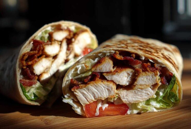 Close-up of a crispy chicken bacon ranch wrap cut in half, showing layers of chicken, bacon, lettuce, and ranch dressing.