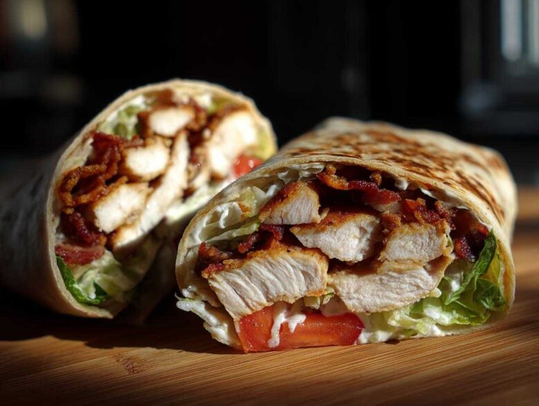 Close-up of a crispy chicken bacon ranch wrap cut in half, showing layers of chicken, bacon, lettuce, and ranch dressing.