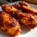Close-up of four perfectly crispy, golden-brown seasoned chicken wing pieces on a white plate.