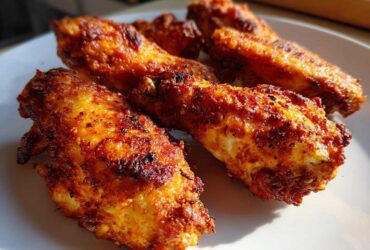 Close-up of four perfectly crispy, golden-brown seasoned chicken wing pieces on a white plate.