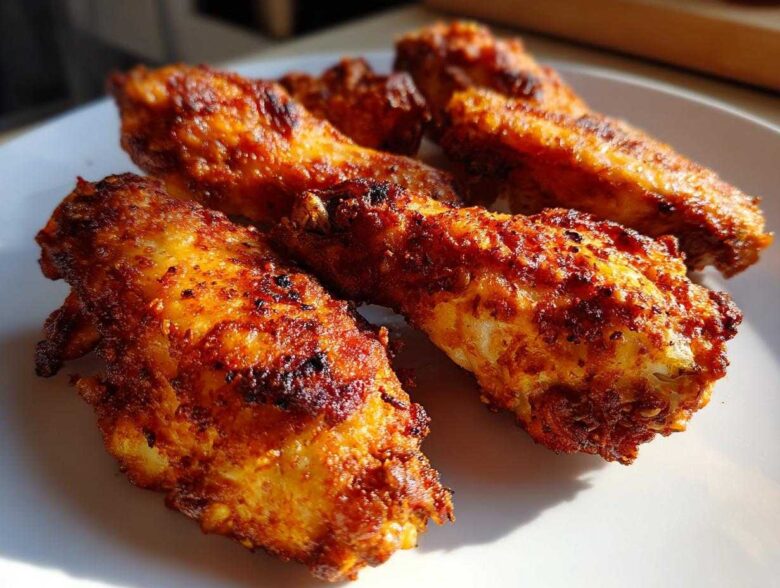 Close-up of four perfectly crispy, golden-brown seasoned chicken wing pieces on a white plate.