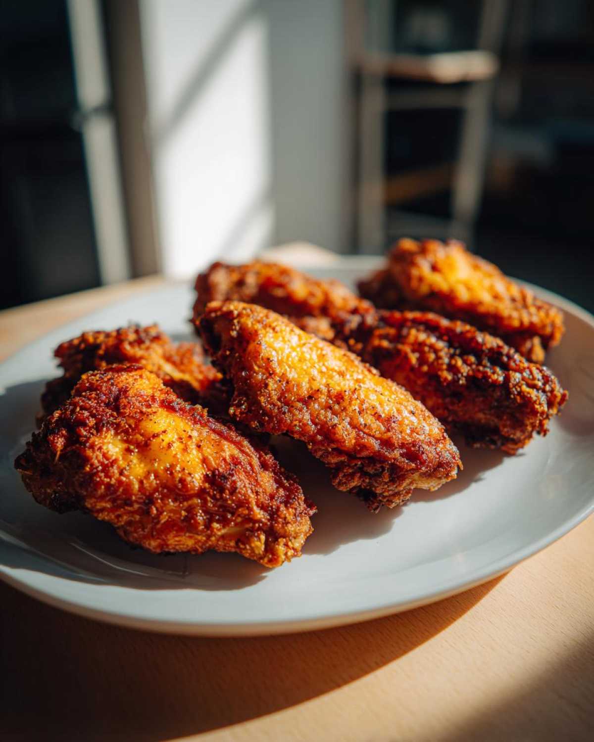Close-up of several golden brown, crispy chicken wing pieces arranged on a light plate.