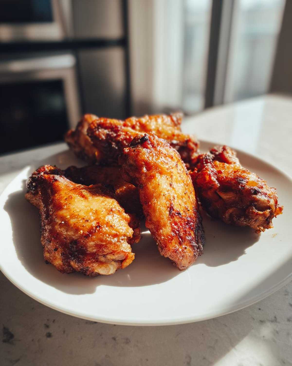 Close-up of several golden brown, crispy chicken wing pieces piled on a white plate.