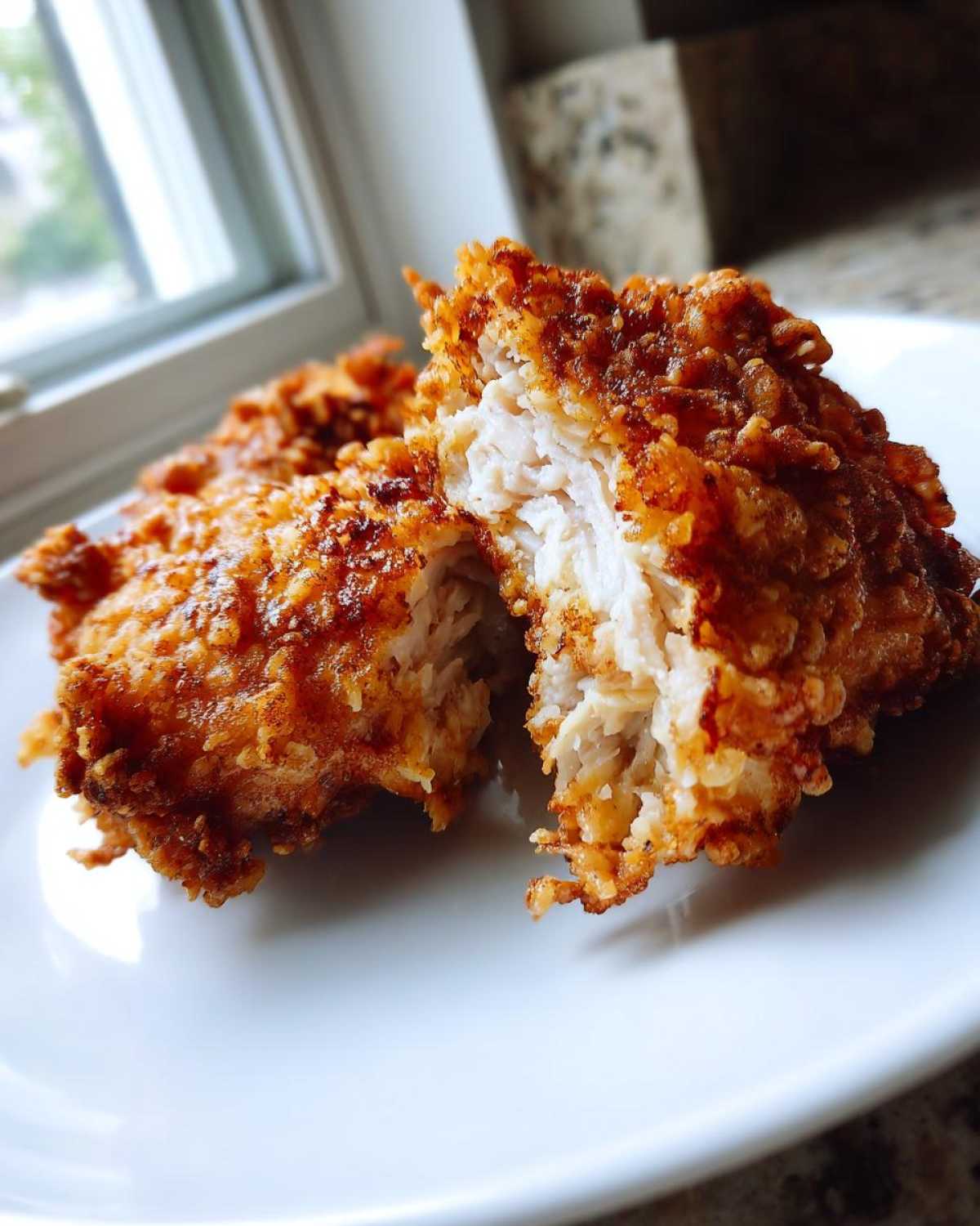 Close-up of perfectly cooked fried chicken, split open to show juicy white meat inside crispy coating.