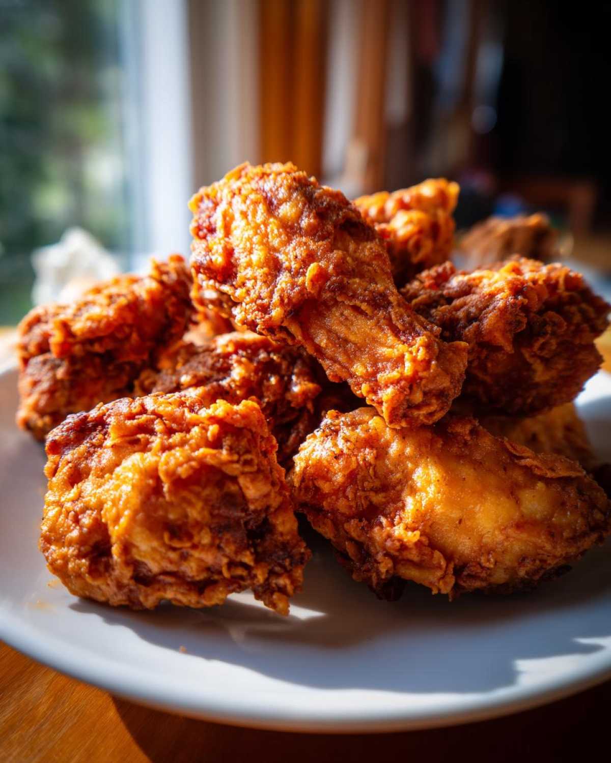 A close-up of a pile of perfectly crispy, golden brown fried chicken wings stacked on a white plate.