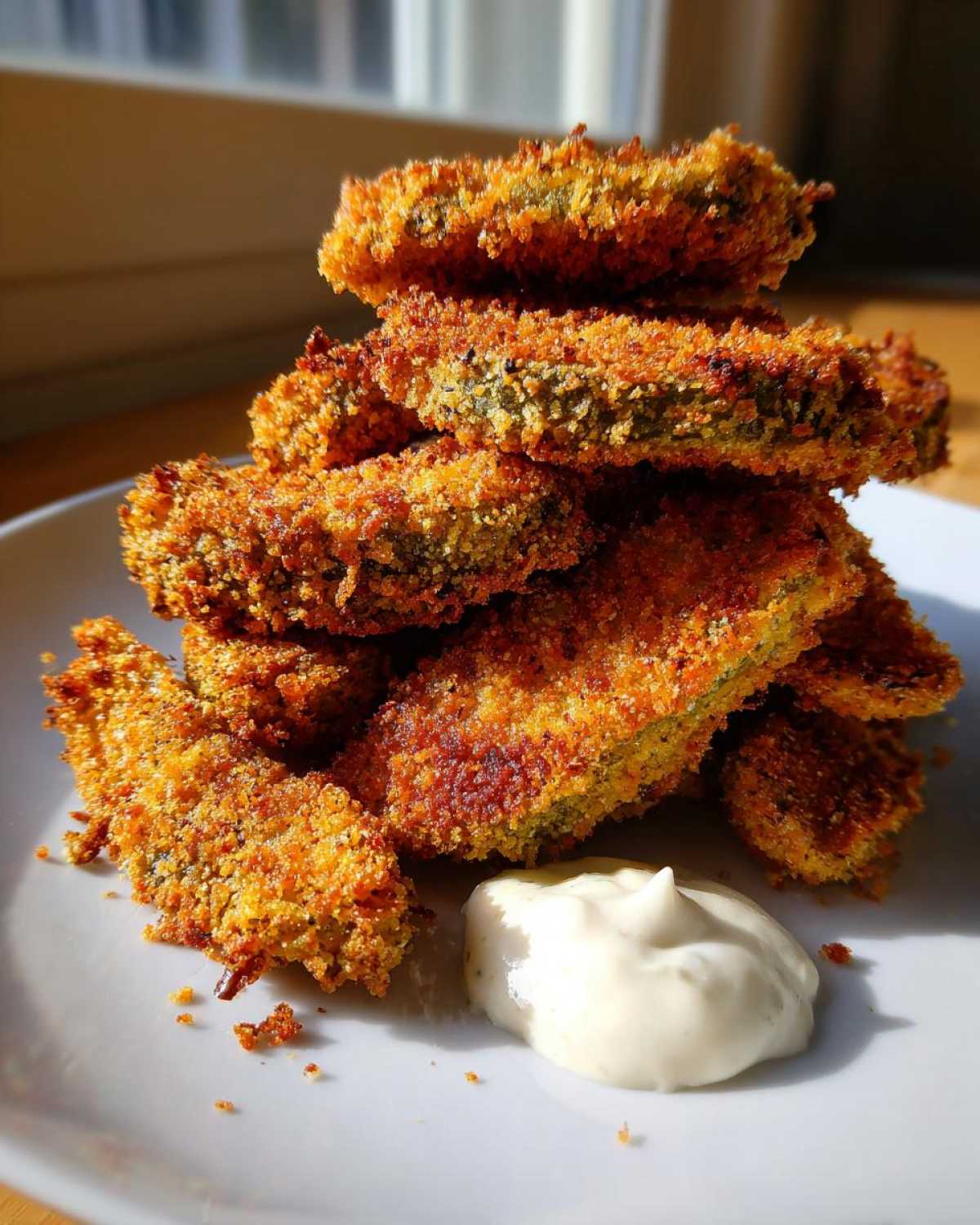 A tall stack of golden-brown, crispy Fried Pickles served on a white plate next to a dollop of creamy dipping sauce.