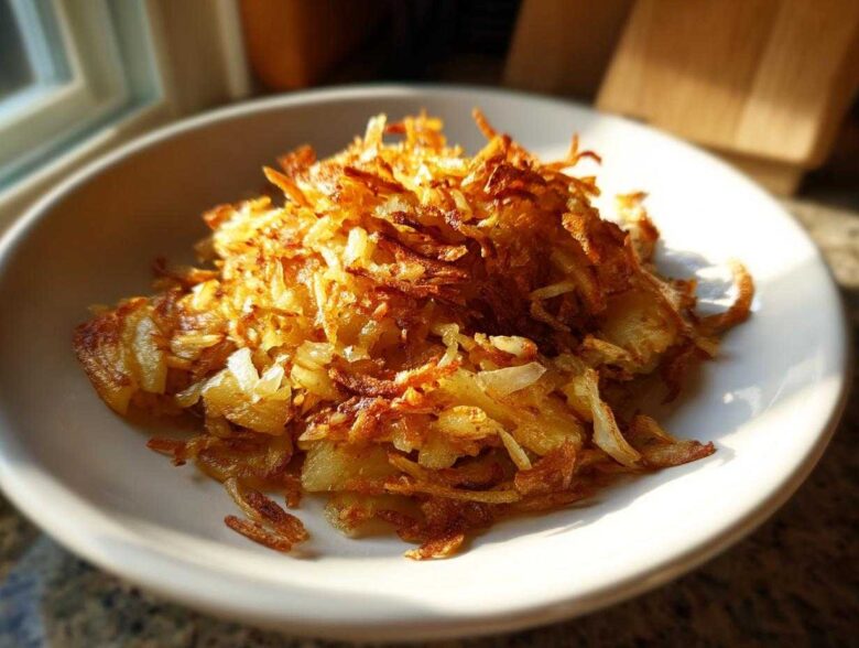 A close-up of perfectly golden brown and crispy fried potatoes piled high on a white plate.