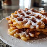 Close-up of a stack of golden brown, crispy funnel cake recipe portions dusted heavily with white powdered sugar.