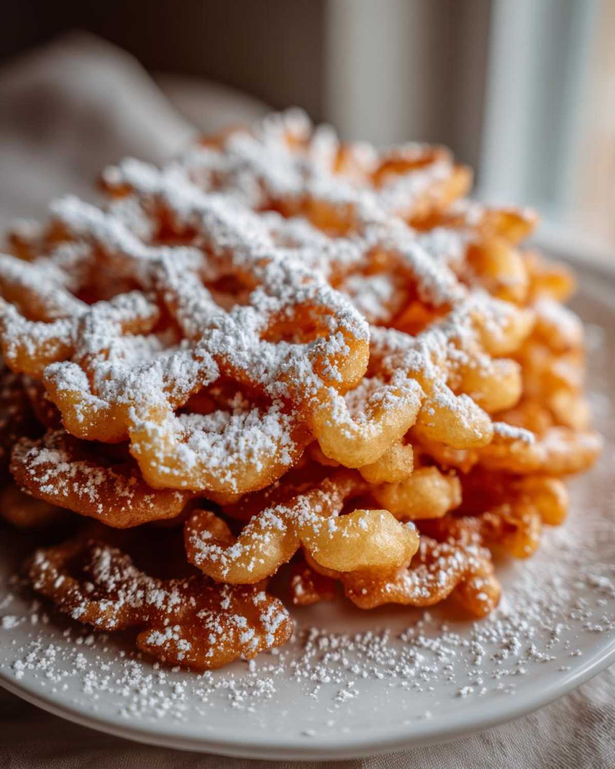 Close-up of a golden brown, crispy funnel cake recipe mound generously dusted with white powdered sugar.