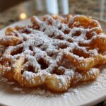 Close-up of a golden brown, crispy funnel cake recipe dusted heavily with white powdered sugar on a white plate.