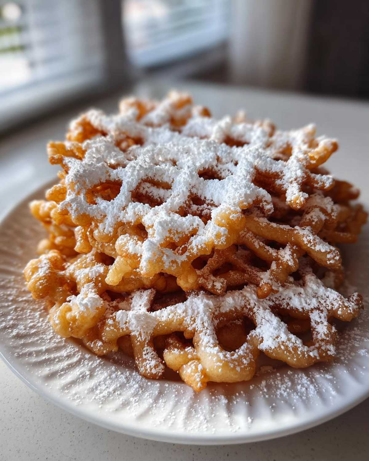 A stack of golden, crispy funnel cake recipe pieces heavily dusted with white powdered sugar on a white plate.