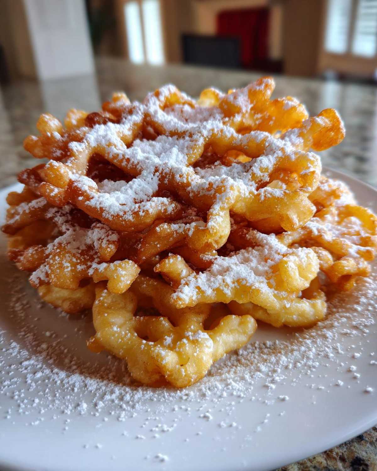 Close-up of a golden brown, crispy funnel cake recipe piled high and dusted generously with white powdered sugar.