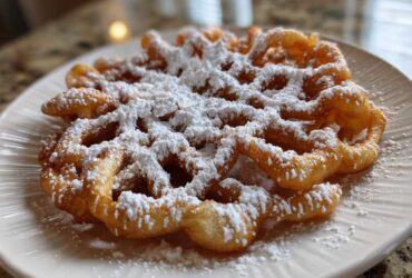 Close-up of a golden brown, crispy funnel cake recipe dusted heavily with white powdered sugar on a white plate.