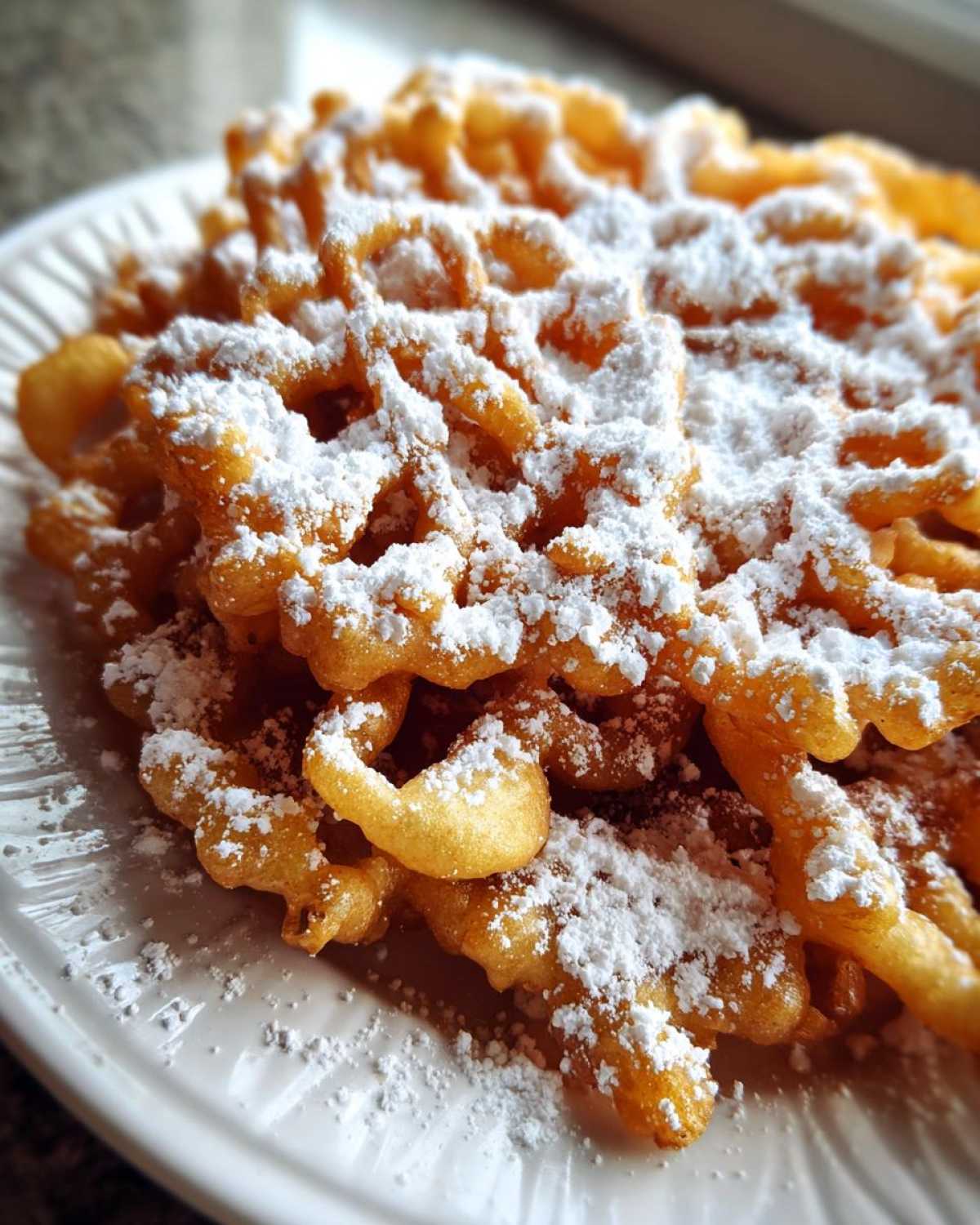 Close-up of golden, crispy funnel cake recipe piled high and generously dusted with white powdered sugar on a white plate.