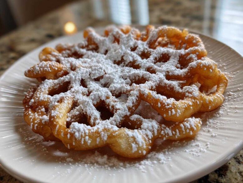 Close-up of a golden brown, crispy funnel cake recipe dusted heavily with white powdered sugar on a white plate.