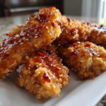 Close-up of crispy hot honey chicken tenders drizzled with glaze and sprinkled with sesame seeds and red chili flakes.