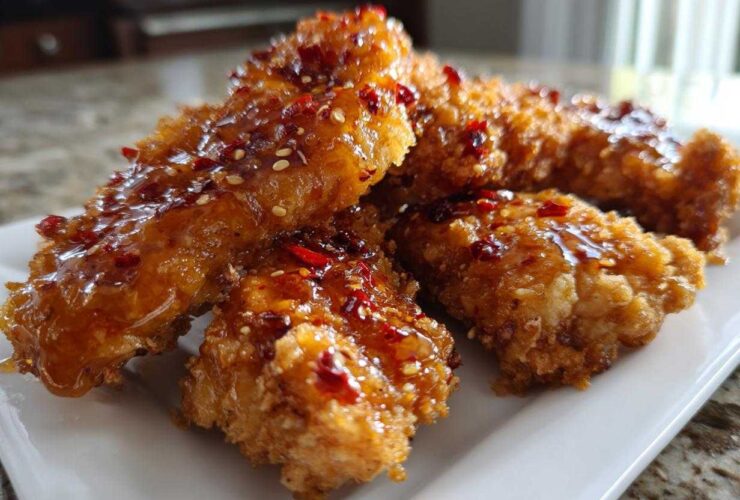 Close-up of crispy hot honey chicken tenders drizzled with glaze and sprinkled with sesame seeds and red chili flakes.