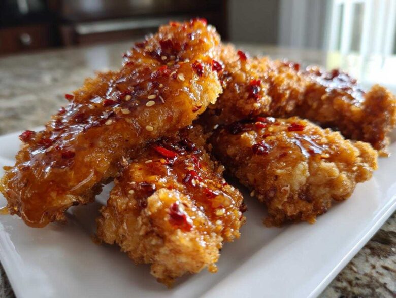 Close-up of crispy hot honey chicken tenders drizzled with glaze and sprinkled with sesame seeds and red chili flakes.