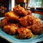 A pile of crispy, glazed bites from the orange chicken recipe, glistening with sauce and chili flakes.