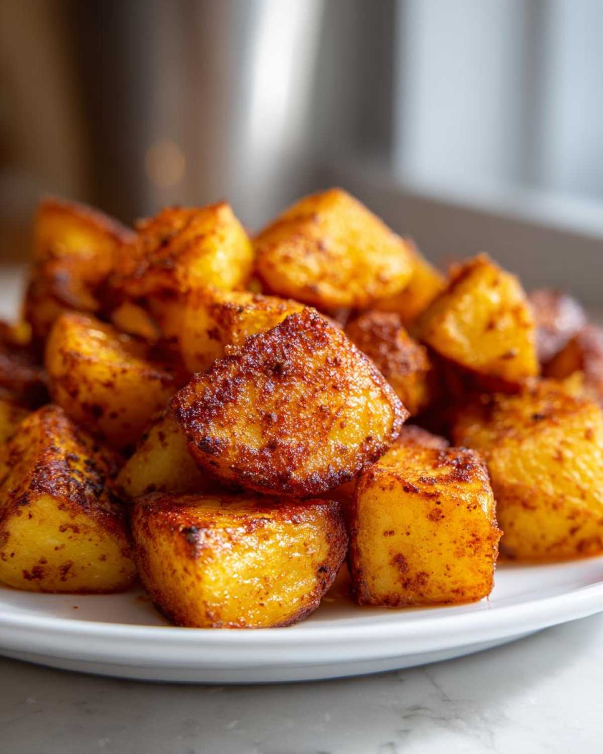 Close-up of golden brown, crispy seasoned breakfast potatoes piled high on a white plate.