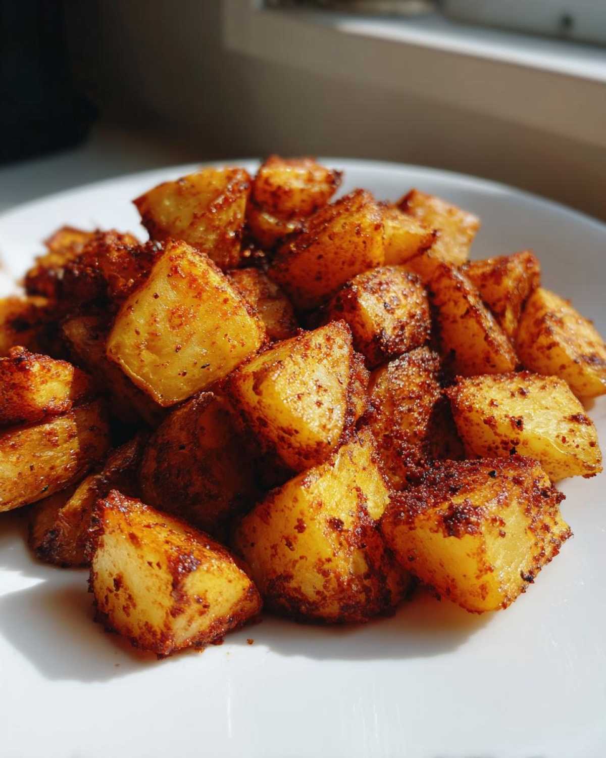 Close-up of golden brown, cubed breakfast potatoes seasoned with spices, piled on a white plate.