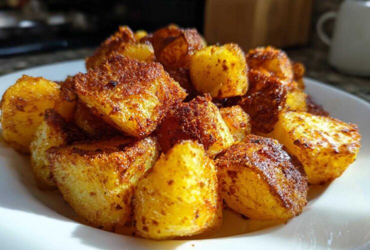A close-up shot of golden brown, crispy breakfast potatoes seasoned with spices, served on a white plate.