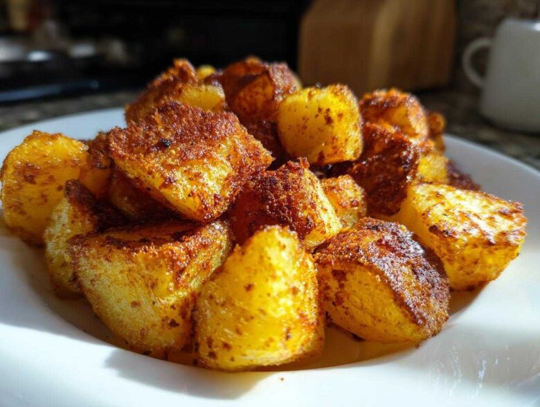A close-up shot of golden brown, crispy breakfast potatoes seasoned with spices, served on a white plate.