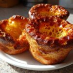 Three perfectly risen, golden brown yorkshire pudding pastries sitting on a white plate, showing their crispy edges.