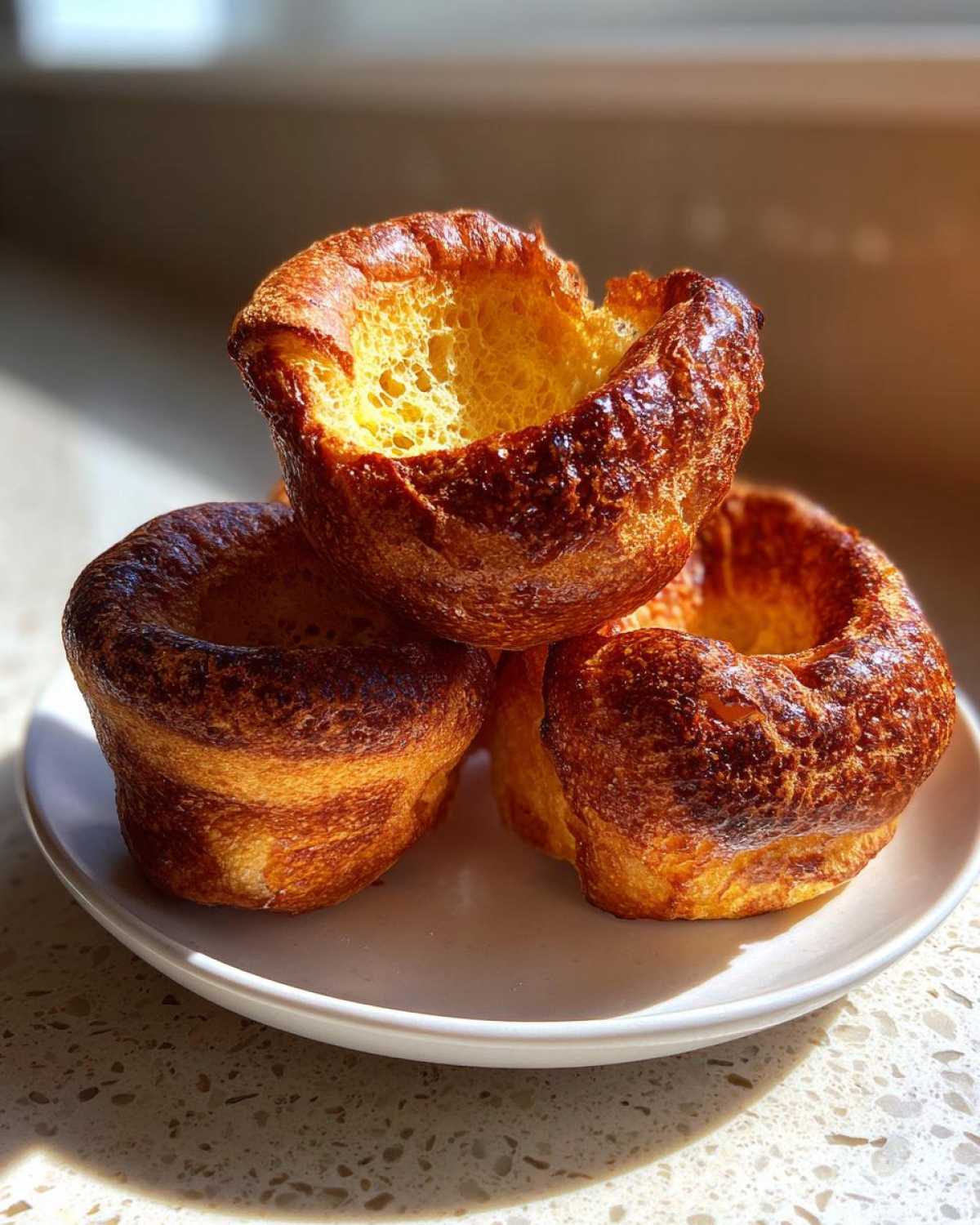 Three perfectly risen, golden brown yorkshire pudding puffs stacked on a small white plate.